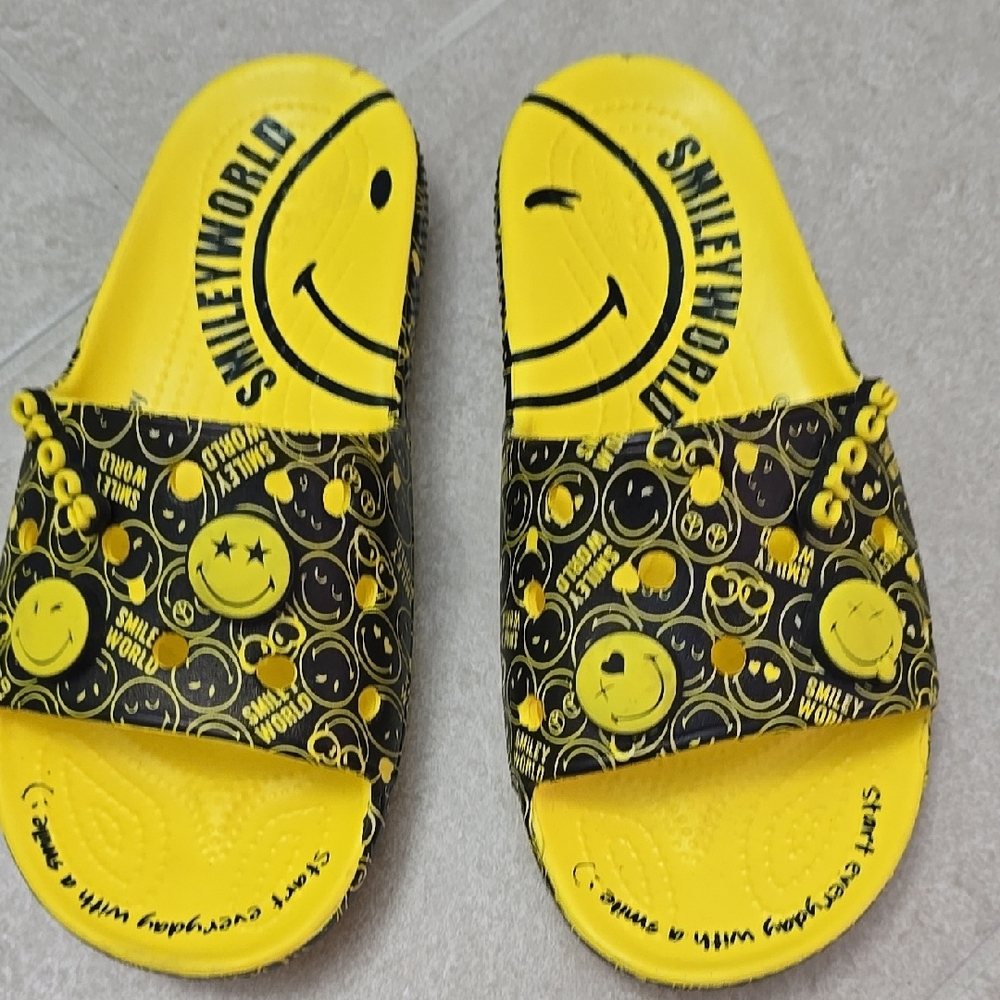 CROCS Yellow and Black Smiley Face Sandals
